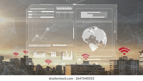 Showing HUD overlay above dusk skyline, with dashboards, dotted globe, cloud icon, red Wi-Fi icons. Futuristic, technology, urban, digital, innovation, data, networking