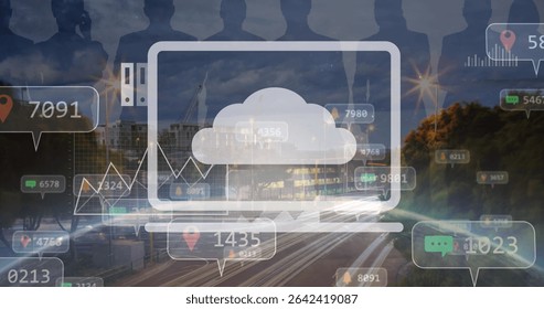 Showing laptop outline displaying cloud icon over highway at dusk, with data pins and light trails. Technology, innovation, connectivity, urban, modern, digital, business