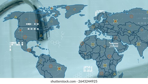 Showing metal faucet spout extending into sink basin with digital world map overlay, network theme. Technology, connectivity, innovation, data, digital, infrastructure, sustainability