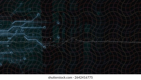 Showing neon blue lines, nodes, arrows merging into dotted waveform on dark wavy grid, copy space. Futuristic, technology, digital, interface, cyber, innovation, high-tech