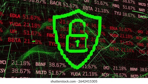 Showing neon green pixelated shield with open padlock icon on dashboard amid floating ticker codes. Cybersecurity, data protection, digital security, encryption, futuristic, technology, cyberdefense - Powered by Shutterstock - Get 15% off with code: PIKWIZARD15