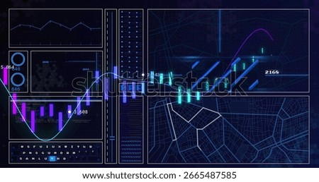 Showing neon-blue data dashboard running on computer display, with circular gauges and line charts. Technology, analytics, futuristic, ui, visualization, data, innovation