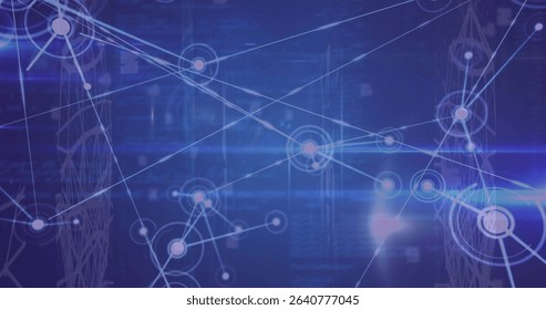 Showing network connecting glowing nodes by lines in interface, wireframe towers, panels and flare. Technology, connectivity, futurism, digital, innovation, abstract, data
