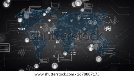 Showing network map interface on dark grid featuring user icons, chat bubbles and connecting lines. Technology, connectivity, cybersecurity, data visualization, digital infrastructure, innovation,