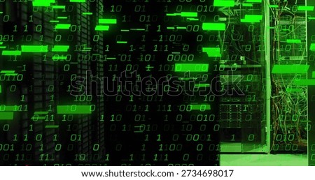 Showing open server cabinet with bundled cables green binary overlay in server aisle, copy space. Datacenter, rack, cabling, patchpanel, switches, cablemanagement, dim
