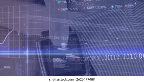 Showing overlay on screen, with binary, grid, line chart, stock tickers and percent changes. Technology, innovation, data visualization, futuristic, digital interface, analytics, finance