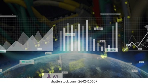 Showing planet Earth rotating in space, overlaid with semi-transparent data panels, network cables. Futuristic, technology, analytics, digital, innovation, visualization, networking - Powered by Shutterstock - Get 15% off with code: PIKWIZARD15