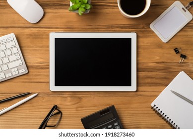 Showing presentation concept. Above overhead close up view photo image of electronic tablet with blank empty blank place isolated brown loft backdrop