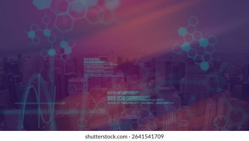 Showing purple red skyline in business district, with molecular icons, code and waveform overlays. Futuristic, urban, technology, data, innovation, digital, skyline