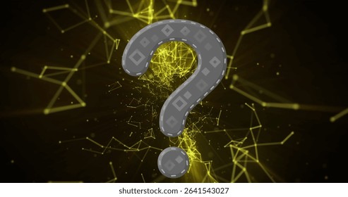 Showing question mark floating in dark network, with glowing yellow nodes and squares. Abstract, technology, innovation, data, connectivity, digital, futuristic