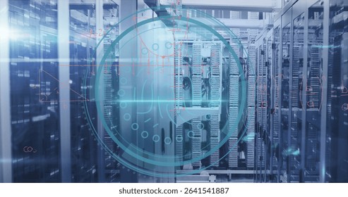 Showing rack corridor glowing with LED lights and cables in data center, with digital HUD overlay. Technology, data, cybersecurity, networking, innovation, modern, futuristic