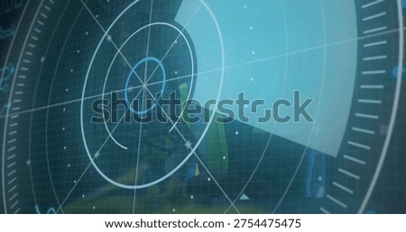 Showing radar screen with rings and blips in control room, reflecting high-visibility vest. Monitor, cyan, teal, grid, markers, glass, neon
