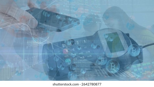 Showing reader with smartphone making tap payment on screen, with Bitcoin symbols, market data. Digital, technology, finance, futuristic, innovation, transaction, cryptocurrency - Powered by Shutterstock - Get 15% off with code: PIKWIZARD15