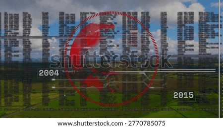 Showing red globe and blurred code overlaying fields from air, with timeline 2004 Budapest 2015. Aerial, drone, rural, landscape, visualization, data, map