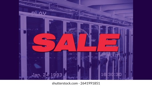 Showing red SALE overlay dominating server aisle, featuring racks cables trays globe and timestamp. Technology, data, digital, enterprise, industrial, modernization, network