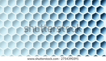 Showing repeating hexagonal cells across abstract graphic, featuring beveled edges, diagonal hatch. Honeycomb, tessellation, grid, pattern, geometric, gradient, blue