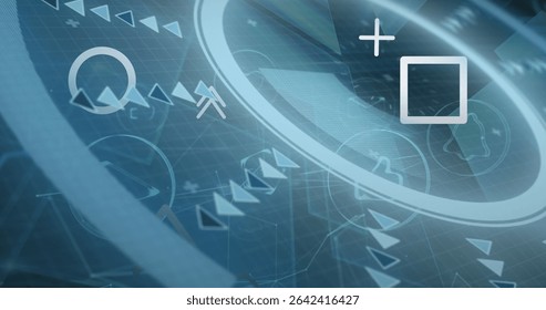 Showing rings in VR control panel with arrows, plus square icons, grid lines and network lines. Futuristic, technology, digital, interface, cyber, visualization, abstract