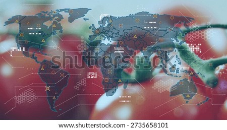 Showing see-through world map overlay spanning band over studio tomato backdrop, with hex grids. Infographic, dataflow, networks, hud, supplychain, analytics, futuristic