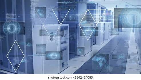 Showing server cabinet occupying raised floor aisle in data center, featuring floating holograms. Technology, data storage, cybersecurity, network infrastructure, digital, networking, information