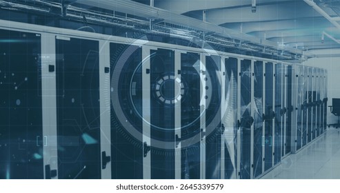 Showing server cabinets housing rack servers in data center corridor, with digital overlay graphics. Technology, infrastructure, cybersecurity, innovation, network, connectivity, modern - Powered by Shutterstock - Get 15% off with code: PIKWIZARD15
