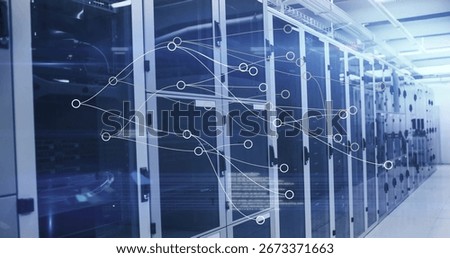 Showing server cabinets lining data center aisle with raised floor tiles, network topology graphics. Technology, data, infrastructure, cybersecurity, digital, networking, industrial