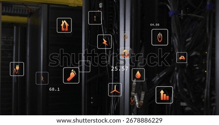 Showing server rack displaying patch cables and cable arms in data center, with icon overlays. Technology, infrastructure, cybersecurity, automation, efficiency, innovation, electronics