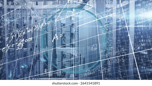 Showing server rack with equations, network cables and cloud icon in data center, with blue LEDs. Technology, cybersecurity, infrastructure, digital, innovation, futuristic, networking
