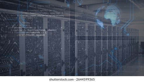 Showing server racks in data center with LED lights, patch cables, digital overlays, globe hologram. Technology, data, network, infrastructure, digital, innovation, connectivity