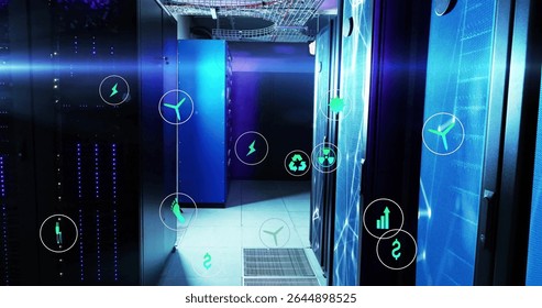 Showing server racks glowing blue in data center hallway with cable trays, featuring green icons. Technology, digital, futuristic, infrastructure, innovation, energy, efficiency
