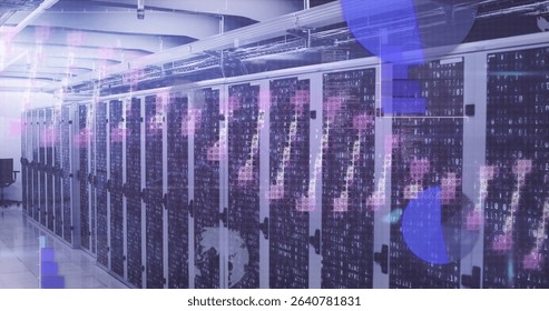 Showing server racks with LED lights in data center aisle, with pipes, chair and digital overlay. Technology, data, cybersecurity, infrastructure, innovation, digital, automation
