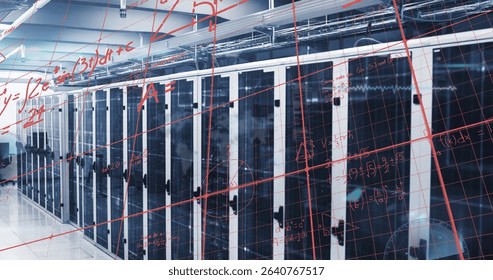 Showing server racks, LEDs, fiber cables and cable trays in data center, with red grid overlay. Technology, it infrastructure, innovation, cybersecurity, digital, circuit, futuristic
