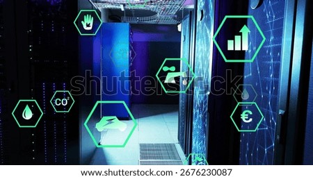 Showing server racks lining data center corridor under cable trays, with green metric icons. Data center, technology, digital infrastructure, eco-friendly, energy efficiency, networking, industrial