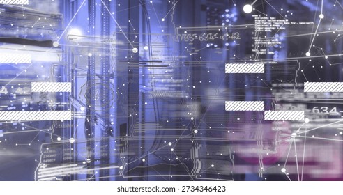 Showing server racks and patch cables glowing in data center, with network overlays and LEDs. Hardware, cabling, dataflow, graph, circuitry, neon, futuristic