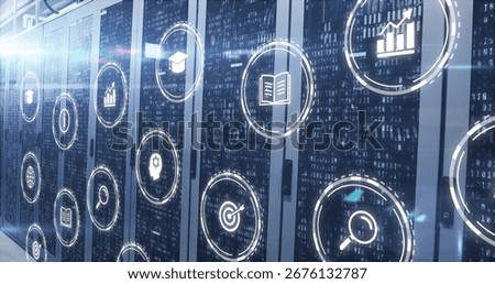 Showing server racks streaming binary code in data center, displaying floating analytics icons. Technology, data, cybersecurity, innovation, digital, infrastructure, futuristic