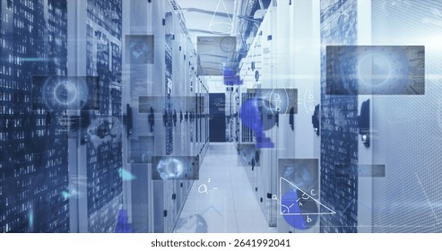 Showing server room hallway with server racks, cable trays and ducts, and floating digital overlays. Technology, cybersecurity, networking, innovation, automation, data, infrastructure