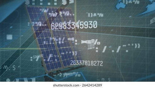 Showing solar panel array on frame merging with grid, numerical, world map overlays in VR interface. Renewable, technology, digital, futuristic, energy, interface, data - Powered by Shutterstock - Get 15% off with code: PIKWIZARD15