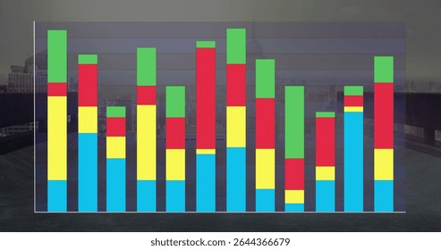 Showing stacked bar chart with grid lines and axes hovering on rooftop terrace, with city skyline. Urban, modern, data visualization, analytics, professional, corporate, minimalist