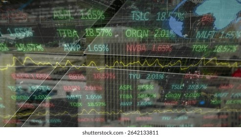 Showing stock ticker percentages and yellow line graph, with grid overlay over blurred harbor view. Finance, technology, data visualization, digital interface, corporate, analytical, modern
