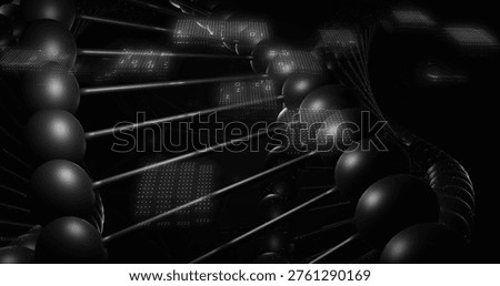 Showing stylized doublehelix structure curving across dark void, with mat beads, rods, light panels. Helix, spheres, cylinders, particles, glow, monochrome, three-dimensional