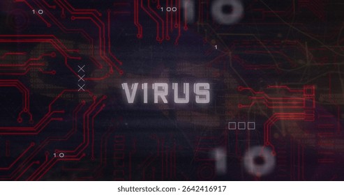 Showing stylized VIRUS text glitching on hacking interface, with red circuits, binary code, markers. Cybersecurity, digital, technology, network, data, intrusion, cyberattack