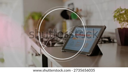 Showing tablet in folio displaying dashboard with overlay in home kitchen by cooktop, copy space. Device, ui, ring, waveform, minimalist, modern, ambient