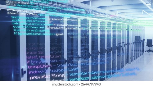 Showing tall glass-fronted server racks in data center, with network cables and black office chair. Data center, technology, networking, infrastructure, digital, connectivity, modern