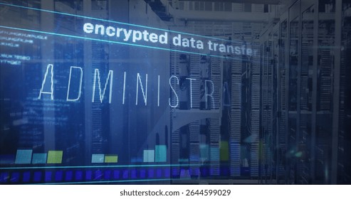 Showing tall server racks in data center with encrypted data transfer overlay and bar chart. Technology, cybersecurity, networking, innovation, data management, digital infrastructure, professional