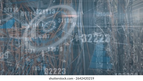 Showing tangled network cables plugged into patch panels in server rack, with numeric data overlays. Technology, data center, digital, connectivity, cybersecurity, innovation, modern