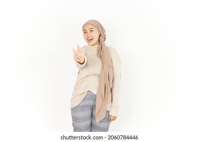 Showing Three Finger of Beautiful Asian Woman Wearing Hijab Isolated On White Background
