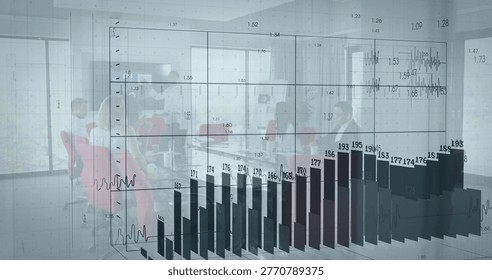 Showing translucent 3D bar chart over meeting, revealing team of six in businesswear with laptops. Analytics, data, dashboard, conference, office, modern, daylight