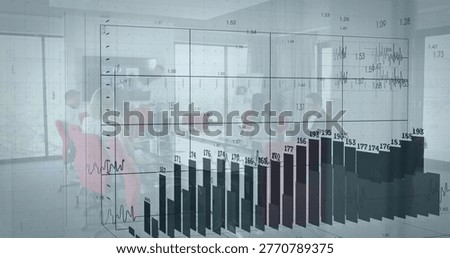 Showing translucent 3D bar chart over meeting, revealing team of six in businesswear with laptops. Analytics, data, dashboard, conference, office, modern, daylight