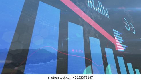Showing translucent blue bars over coastline with red line, grouped bar and donut charts, hex grid. Data analysis, dashboard, scenic, modern, investment, technology, clarity - Powered by Shutterstock - Get 15% off with code: PIKWIZARD15