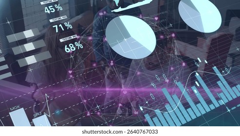 Showing translucent blue pie chart floating above table in glass conference room with bar graphs. Data visualization, analytics, collaboration, digital, modern, corporate, technology