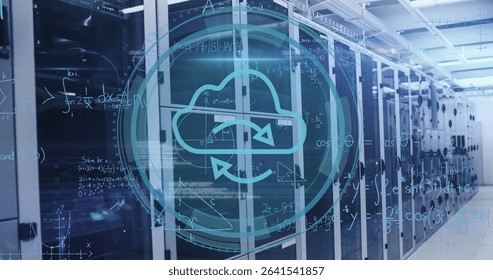 Showing translucent cloud computing icon floating above data center corridor, lined by server racks. Technology, data, infrastructure, network, cybersecurity, servers, digital